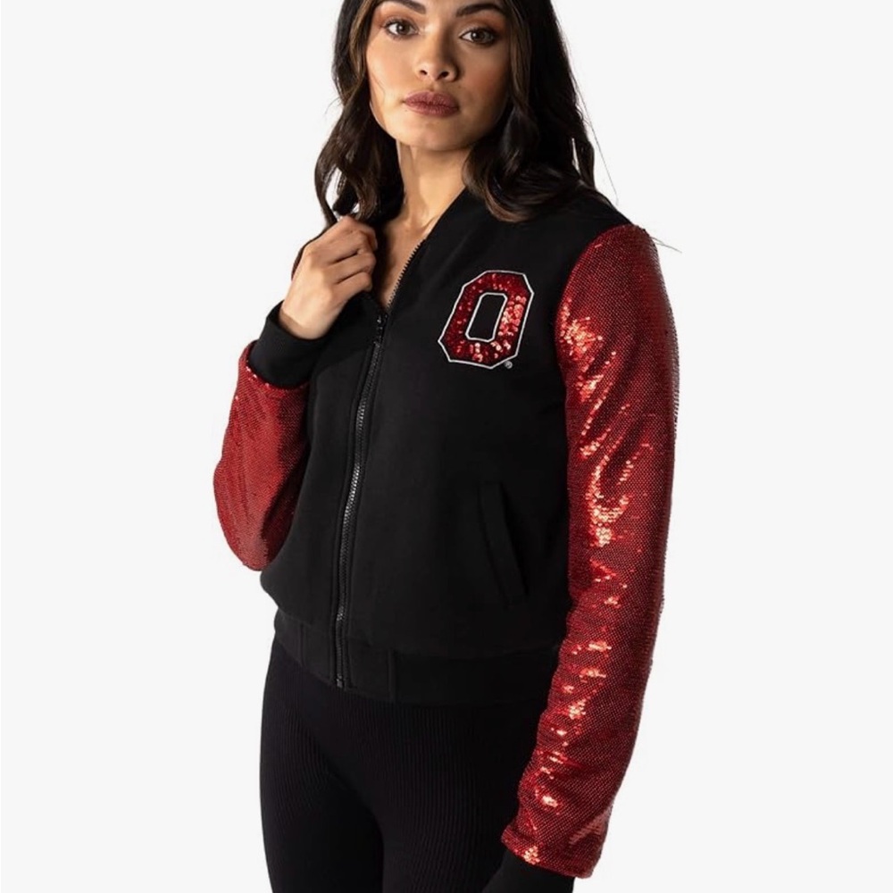 The Wild Collective Ohio State University Bomber Jacket w/ Red Sequin Sleeves